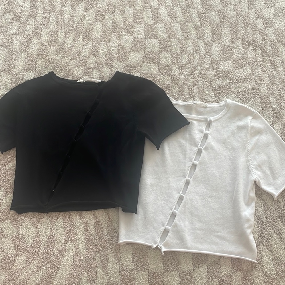 Set of Two Cropped Shirts with Cut-Out and Button Details- Black and White